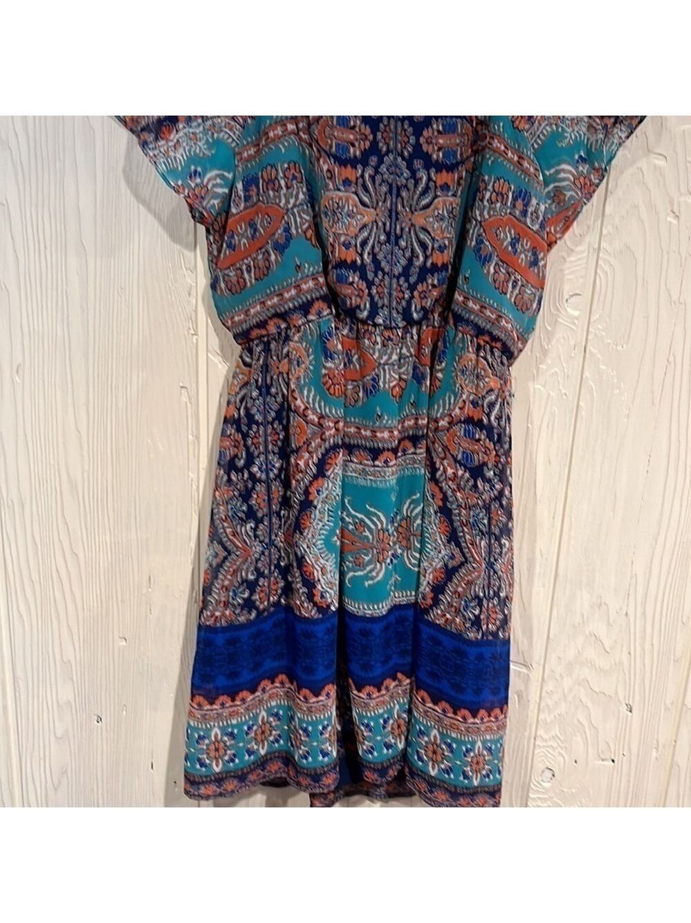 Auw Short Sleeve Key Hole Front Elastic Waist Boho print Dress size medium - Picture 6 of 12